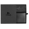 A black gift box containing a black leather wallet, featuring a logo inside.