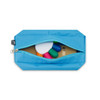 A bright blue pencil case unzipped to reveal colourful pens, a ruler, and a circular item. It features a branding logo.