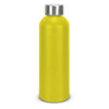 A drink bottle in bright yellow with a silver lid, featuring a smooth, matte finish and a logo.