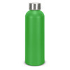 A drink bottle in vibrant green aluminium with a silver cap and a visible logo.