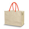 A cream cooler bag with bright orange handles, featuring a zip closure and a rectangular shape.