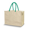 A beige cooler bag with green handles, featuring a zip closure and a simple design. It has a logo on the front.