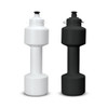 A drink bottle shaped like a dumbbell, available in white and black, with a screw-top lid and a logo.