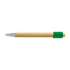 A bamboo pen with a silver tip and a green grip, featuring a logo.