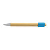 A bamboo pen with a blue grip and silver accents. It features a sleek, natural wood finish.