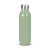 A drink bottle in a soft green colour with a stainless steel lid and a sleek, streamlined design.