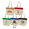 A set of five cotton cooler tote bags in beige, red, green, black, and brown with various logos.