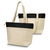 A cotton cooler tote in cream with a black top section and long handles, featuring a zipper closure and a simple logo.