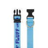 A woven dog collar in bright blue with black buckles and a silver ring, featuring a logo on the strap.