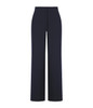 A pair of navy wide leg pants with a high waist and a seamless design. The pants also feature a logo.