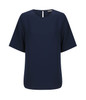 A navy short sleeve top with a rounded neckline and a small opening at the back, featuring a logo.