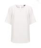 A white short sleeve top with a round neckline and a back button closure, featuring a simple design and smooth fabric.