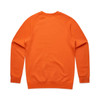 An orange jumper with a crew neckline and long sleeves, featuring a plain back. It has a logo on it.