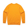 A vibrant yellow sweater features a clean back design and raglan sleeves. It has a logo on the back.