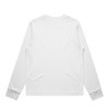 A long-sleeve white T-shirt with grey cuffs. The back view is displayed, featuring a simple design and no graphics.
