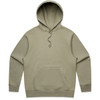 An olive green hoodie featuring a front pocket and a drawstring hood. It has a logo on it.