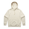 A cream hoodie with a front pocket and drawstring hood. It has a logo on the chest area.