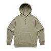 A heavy olive green hoodie with a front pocket and an adjustable drawstring hood. It features a logo on it.