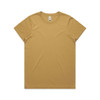 A mustard-coloured T-shirt with a round neckline and short sleeves. The shirt features a branding logo.