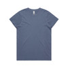 A faded blue T-shirt with a round neckline and short sleeves, featuring a logo label.