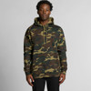A camouflage hoodie in shades of green and brown, featuring a front pocket and a hood. It has a logo.