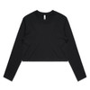 A black long-sleeve cropped t-shirt featuring a round neckline and simple design, with a logo present.