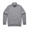 A grey half zip crew jumper with long sleeves and a collar. It features a branding logo.