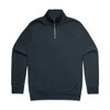 A navy blue half-zip jumper featuring a high collar and ribbed cuffs. It has a simple design with a logo.
