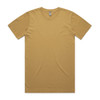 A faded mustard yellow T-shirt with short sleeves and a tag at the neckline, featuring a logo.