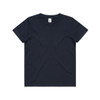 A dark navy blue kids' t-shirt with a classic round neckline and short sleeves, featuring a logo tag.