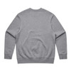 A grey jumper with long sleeves and a round neckline, featuring ribbed cuffs and hem. It has a logo on the back.