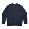 A navy blue sweatshirt with a classic crew neck and ribbed cuffs, featuring a logo on the tag.