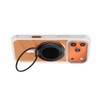 An orange and white phone case with a black grip and stand attachment on the back.