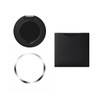 A black circular phone grip and stand with a silver ring, enclosed in a matching black holder.