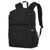 A black backpack with multiple compartments, featuring adjustable straps and a side mesh pocket. It has a logo on it.