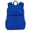 A blue backpack with multiple zippered compartments and mesh side pockets. Features padded shoulder straps and a logo.