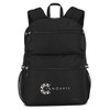 A black backpack with multiple compartments and side mesh pockets, featuring a logo on the front.