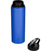 A blue stainless steel drink bottle with a black lid, featuring a sleek design and a logo.