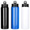 A drink bottle set featuring three colours: black, blue, and white, with a flip-top lid and logo.