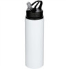 A drink bottle in white stainless steel with a black lid and spout, featuring a logo on the body.