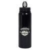 A drink bottle in matte black with a screw-top lid and a logo, featuring a design related to adventure and expeditions.