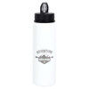 A drink bottle made of recycled stainless steel, features a white body and a black lid with a logo.