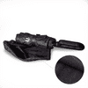 A black foldable umbrella with a handle, featuring a compact design and a smooth surface texture.