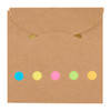A brown envelope featuring five colourful dots in blue, pink, green, and yellow. It has a logo on the front.