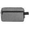 A grey toiletry bag with a zipper and a handle, featuring a small logo on the side.