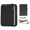 A black zippered pouch, a black notebook, a silver pen, and a charging cable with a circular connector. The pouch has a logo.
