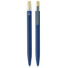 A set of two blue pens with bamboo accents, featuring a logo on one pen.