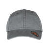 A grey cap with a curved brim and a logo on the side.