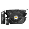 A black tote bag with a zippered pocket, a drink bottle, and a stainless steel cup, featuring a logo.