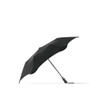 A black umbrella with a sleek design and a single sturdy arm, featuring a brand logo.